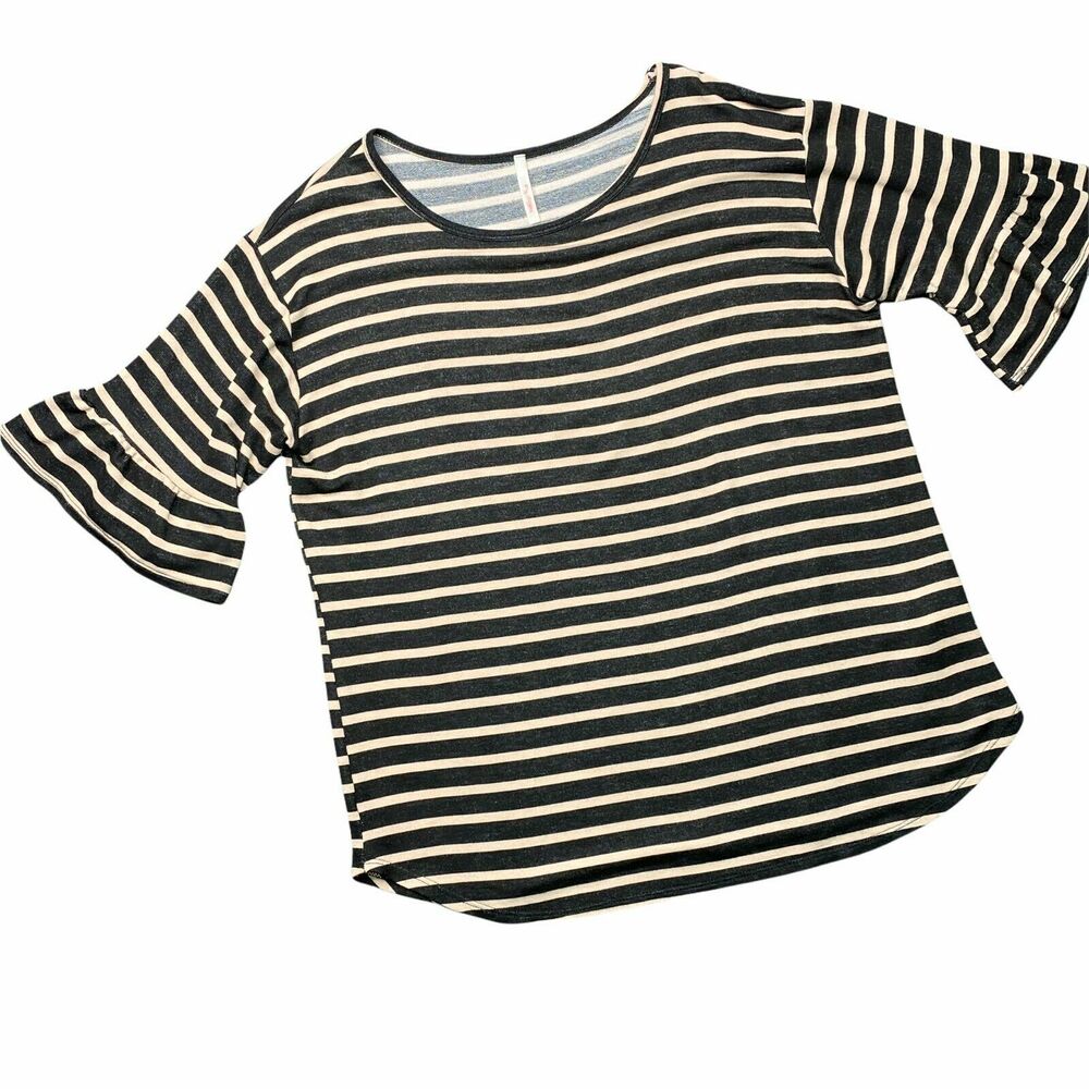 MY STORY | sz M Women's Black/Tan 3/4 Sleeve Ruffle Striped Scoop Neck Knit Top